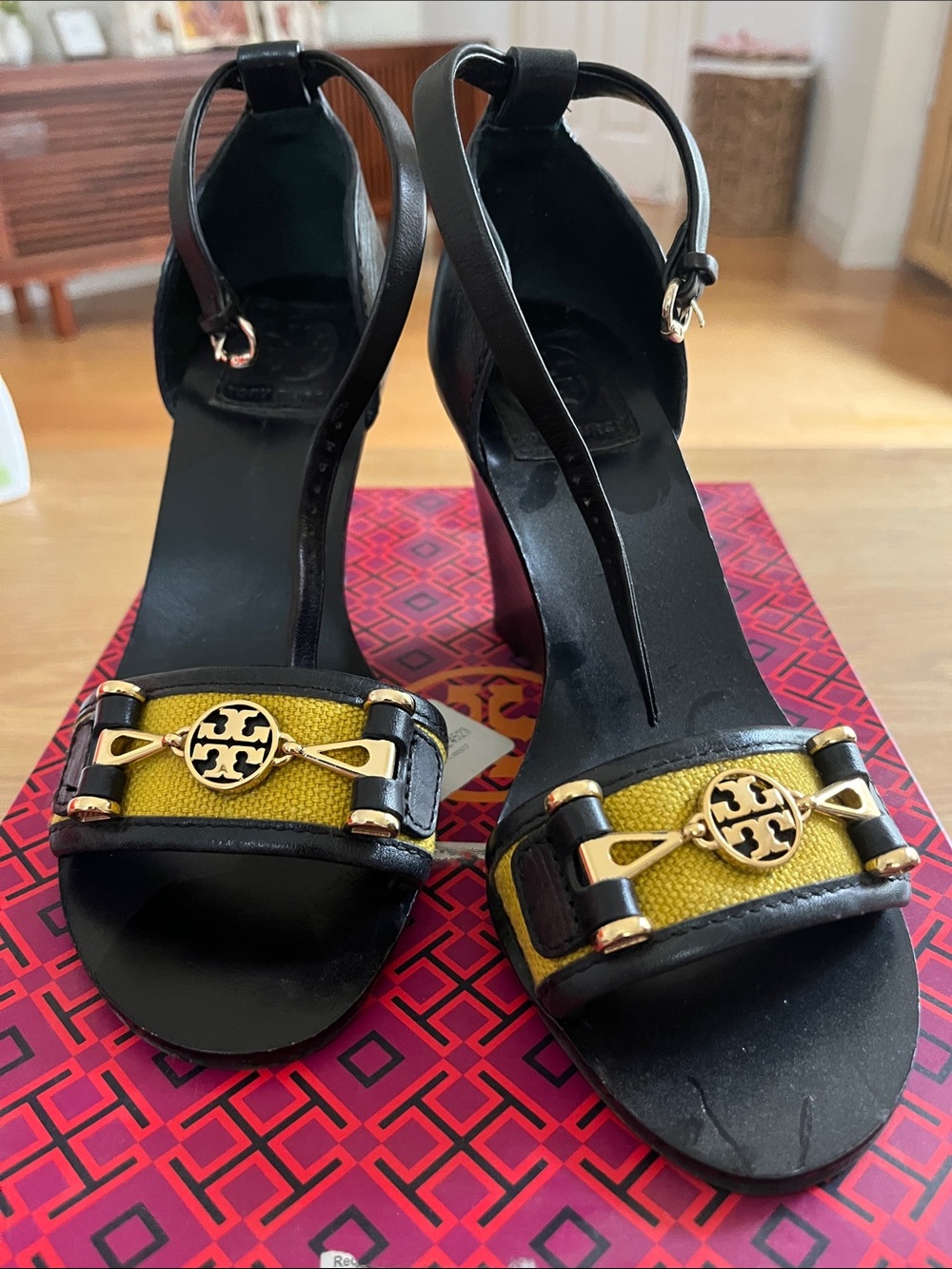 Tory Burch Black Leather & Yellow Canvas Logo Block Heel Sandals